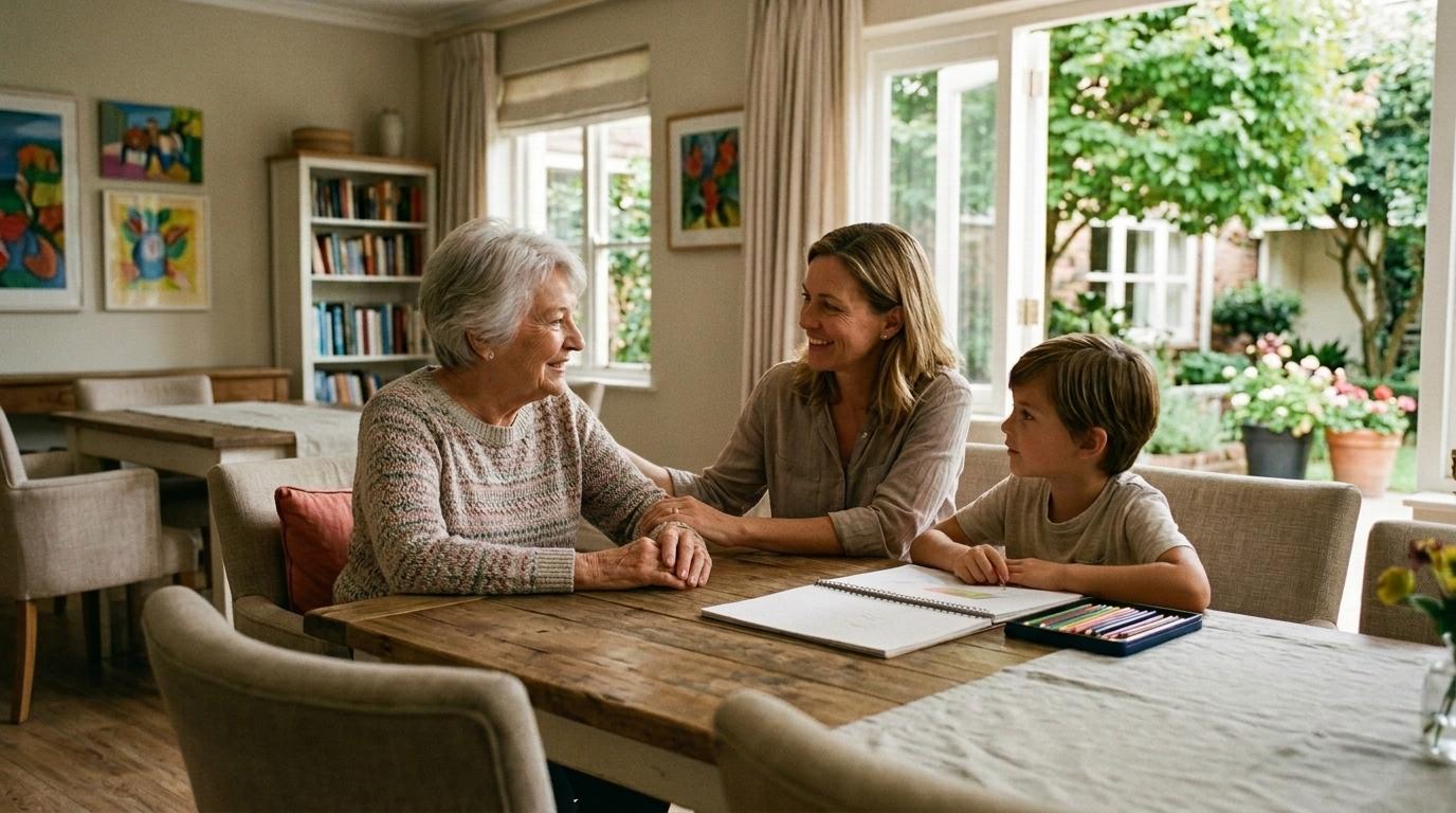 A compassionate family member sitting beside a senior in a warm, welcoming memory care community setting.