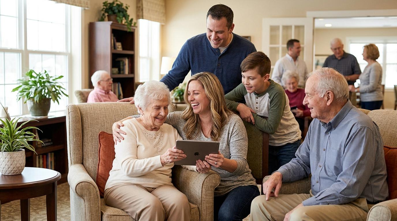 Seniors and family members sharing a warm moment together in a bright, welcoming assisted living community common area.