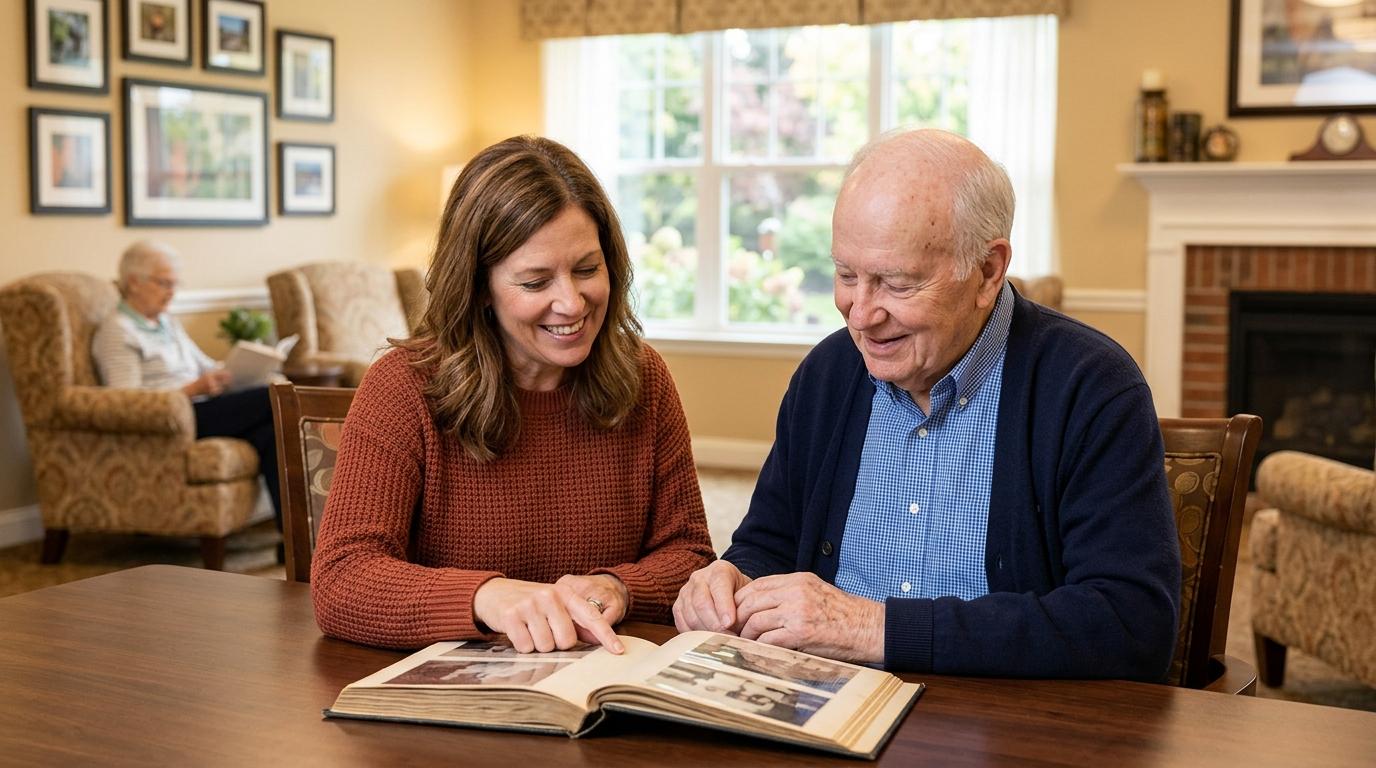 Caring family member looking at photos with their older parent at a memory care community