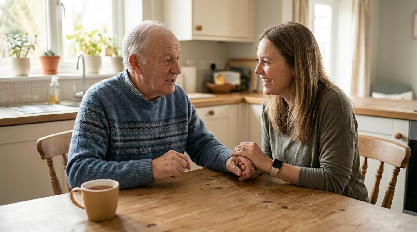 An adult child laughs while talking with their older parent, clasping their hand in the kitchen over coffee
