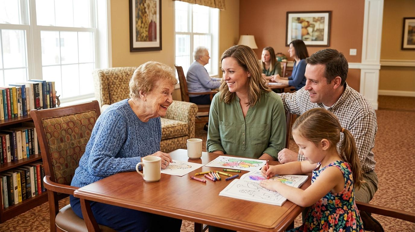 A senior enjoys a bright, welcoming assisted living community common area with their family members.