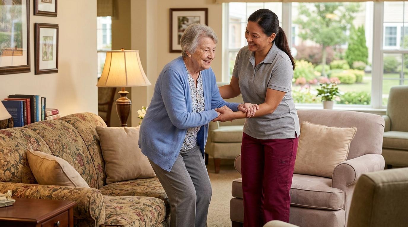 A compassionate caregiver helps a senior to sit down in a warm, comfortable respite care community setting.