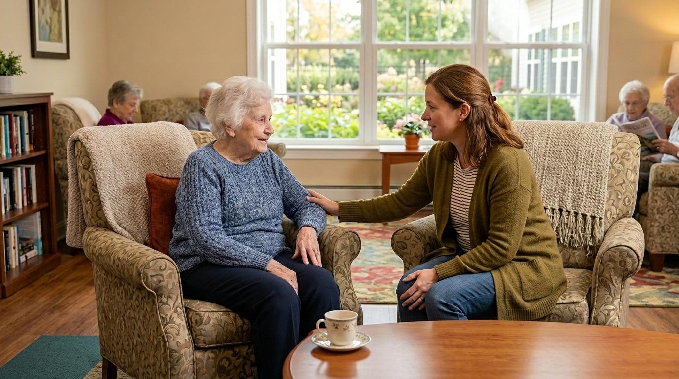 A senior rests comfortably with a family member during a short-term respite care stay in a senior living community.