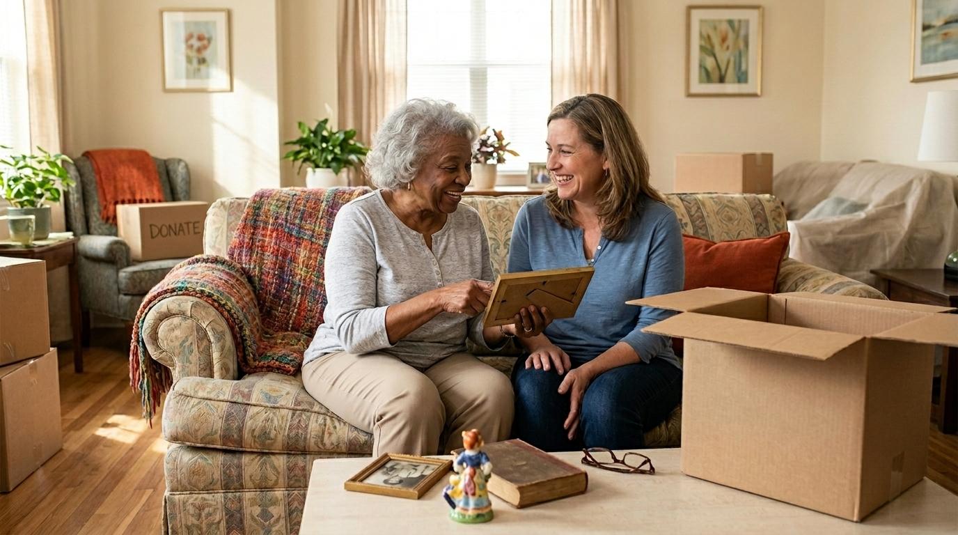 An older adult shows their adult child a photo and laughs while packing their home and preparing for a move to assisted living.