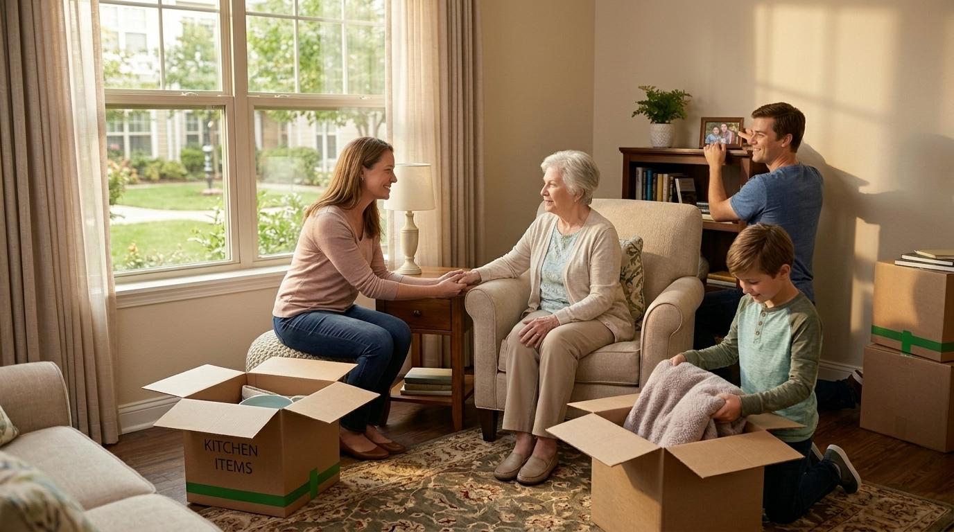 An older adult sits and takes a rest in an armchair while their adult children and grandchild help them downsize their home.